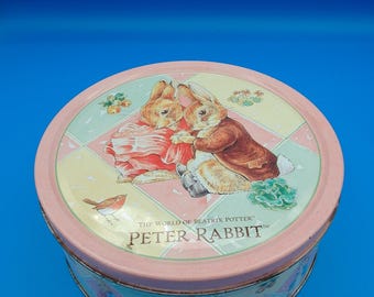 Vintage Peter Rabbit round metal Cookie tin, The world of Beatrix Potter 1988