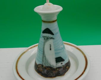Vela de aceite artesanal vintage de los años 80, modelo Faro, fabricada por Georgetown Pottery en Maine.