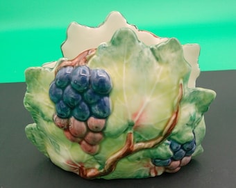 Vintage Majolica style Grape clustered Ceramic Napkin holder, hand painted