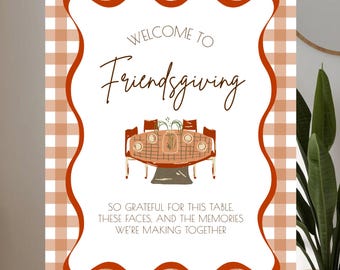 Gingham Editable Friendsgiving Welcome Sign Template | 16x20 | Colorful Thanksgiving Friendsgiving Sign | Canva Digital Download