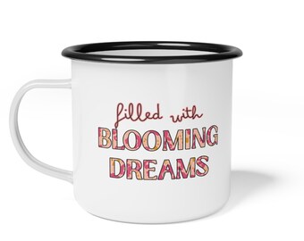 Taza de camping esmaltada Blooming Dreams / taza de camping con tipografía floral