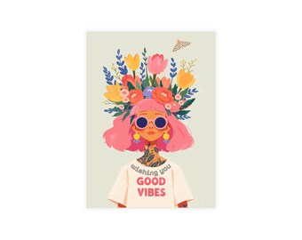 Postales de chica con cabello rosa y buenas vibras / Flores coloridas, paquete de 10 postales con sobres