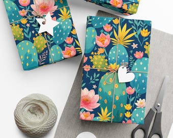 Papel de regalo con estampado floral de cactus / Papel de regalo botánico con suculentas Colección Wild Freedom Vibe