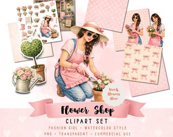 Conjunto de imágenes prediseñadas de floristería: Chica de moda de floristería en acuarela, elementos florales de boutique, PNG, papeles digitales, uso comercial, ideal para empresas.