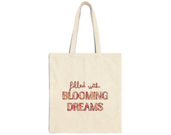 Bolso tote Blooming Dreams / bolso tote de lona con texto floral y estampado de pintalabios