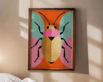 Impresión de arte moderno: Ilustración minimalista de escarabajo dorado / Arte mural con colores vibrantes / Diseño contemporáneo / Descarga digital