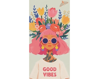 Toalla de playa Good Vibes Floral Girl / Toalla de verano bohemia con flecos
