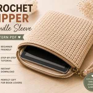 Mönster för virkade Kindle-fodral i PDF-format | Handledning för läspåse med dragkedja | Fodral för dagbok och surfplatta | Enkel virkad nedladdning