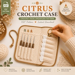 May include: A beige crochet case with brown trim and a white scalloped edge, featuring internal pockets holding four metal crochet hooks and three stitch markers. The case is open, displaying a structured fabric design for organising tools.