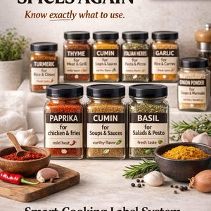 Étiquettes intelligentes pour épices | Système de guidage de cuisson | Organisation du garde-manger imprimable (2 x 3 pouces)