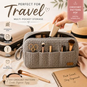 May include: A grey rectangular crochet pouch featuring a zippered top closure, a side handle, and multiple exterior pockets. The pouch is filled with various cosmetic items, including makeup brushes and tubes, and includes a small brown label.