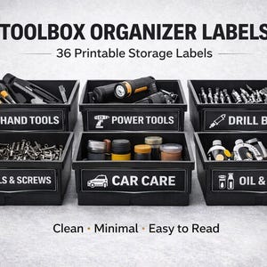 May include: Black toolbox organizer labels with text: Hand Tools, Power Tools, Drill Bits, Nails & Screws, Car Care, and Oil & Fluids. The image also includes the text: Toolbox Organizer Labels, 36 Printable Storage Labels, Clean, Minimal, and Easy to Read.