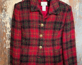 Blazer vintage de tweed a cuadros rojos y negros de Susan Bristol, talla 8, estilo "girl boss" para la oficina.