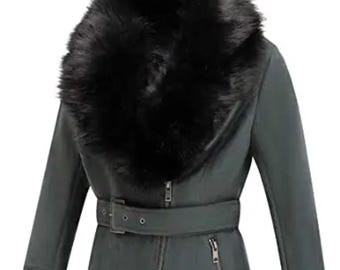 Handgemachte Grüne Ledermantel | Pelzkragen, Mit Gürtel Winter-Stil