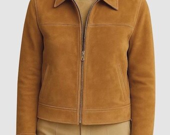 Handgefertigte Damen Camel Wildleder Kurzjacke | Luxus Winter Leder Oberbekleidung