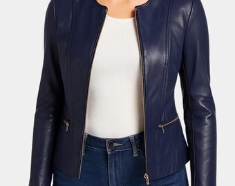 Handgemachte blaue Lederjacke für Damen | Kragenloser moderner eleganter Mantel