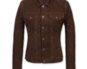 Handgefertigte dunkelbraune Wildleder Trucker-Jacke für Damen | Echter Wildleder Mantel mit Knöpfen