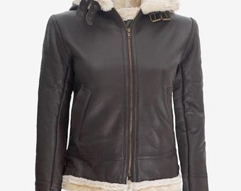 Dark Brown Hooded Shearling Jacket for Women | Handmade Leather Winter Coat