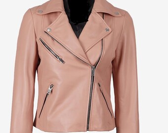 Echte Lammfell Pink Asymmetrische Lederjacke für Damen | Handgefertigter stilvoller Bikermantel | Geschenk für Sie