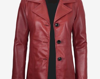 Damen Drei Knopf Roter Leder Blazer Mantel | Handgemachte Echt Leder Jacke | Geschenk für Sie