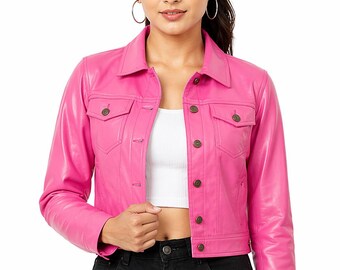 Damen Rosa Leder Kurzjacke - Oberbekleidung mit Knopfleiste und Kragenkragen