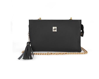 Echtleder Crossbody Bag - Schwarze Clutch mit Goldkettenquaste, Geldbörse mit mehreren Fächern