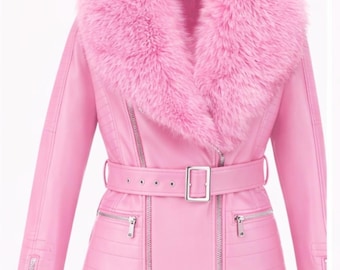 Damen rosa Ledergürteljacke | Handgefertigte Pelzkragen Winter Oberbekleidung | Geschenk für Sie