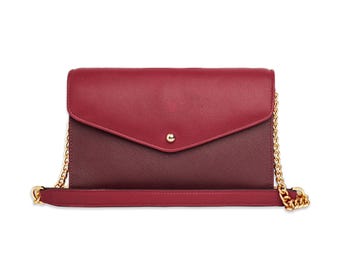 Echtleder Burgund Umschlag Clutch - Abendtasche Gold Kette
