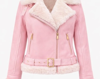 Pastell Rosa Lammfell Frauen Fliegerjacke | Pelzkragen & Manschette | Handgemachte Wintermantel | Weiche Kunstpelz Oberbekleidung