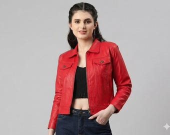Rote abgeschnittene Echtlederjacke für Damen | Spreizkragen Stilvolle Freizeitoberbekleidung | Geschenk für Sie