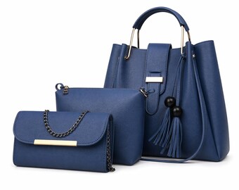 3-teiliges Echtleder-Damentaschenset - Blaue Tote, Crossbody, Clutch-Brieftasche