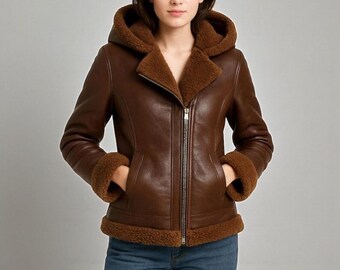 Handgefertigte braune Lammfell-Leder-Kapuzenjacke für Damen | Echtleder Wintermantel | Geschenk für Sie