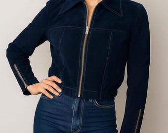 Damen Navy Wildleder Trucker Jacke | Handgemachte Zip-Up-Oberbekleidung