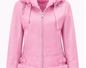 Rosa Leder Lammfell Kapuzenjacke | Handgemachte Damen Wintermantel | Geschenk für Sie