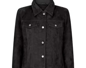 Schwarze Wildleder Trucker Jacke für Damen | Handgefertigte Hemdkragen Oberbekleidung