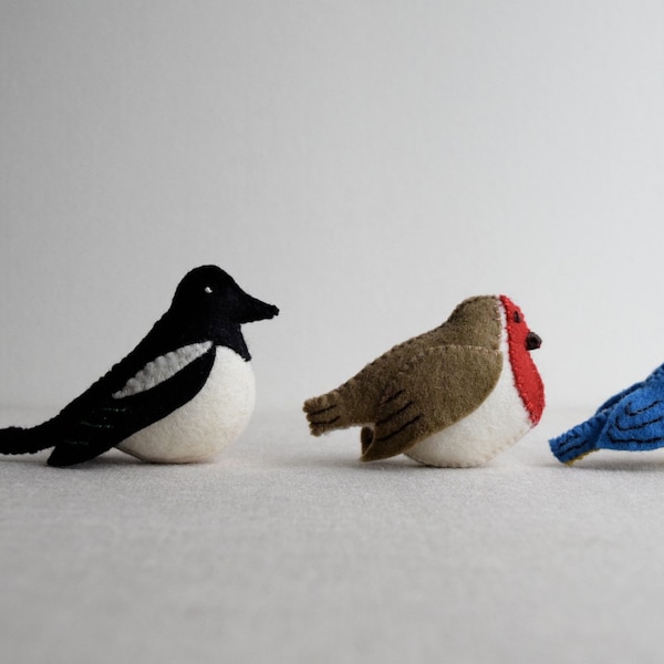 PDF Sewing PATTERN - Three birds Sewing Pattern – DIY embroidery sewing pattern for bird softie – Magpie, Bluetit & Robin soft toy tutorial