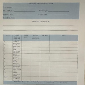 Könnte beinhalten: Ein weißes Datenblatt zur phonetischen Wahrnehmung mit Abschnitten für Schülerinformationen, Ziele und Testergebnisse. Enthält Eingabeaufforderungen, Genauigkeit und Notizen. Das Blatt ist für den Unterrichtsgebrauch bestimmt.