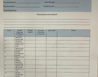 Hoja de recopilación de datos de educación especial: seguimiento de los objetivos del IEP, comportamiento y progreso (PDF imprimible y digital).