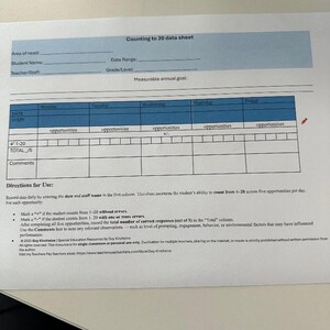 May include: A white data sheet titled "Counting to 20 data sheet" with blue headers and a table for recording student progress. The sheet includes sections for date, staff, and opportunities, with instructions for use and a copyright notice.