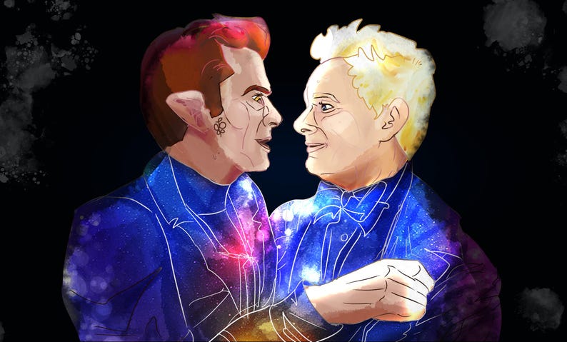 May include: A digital illustration of two figures facing each other. The figure on the left has reddish-brown hair and pointed ears, while the figure on the right has short blonde hair. Both wear dark blue suits featuring a vibrant galaxy print.