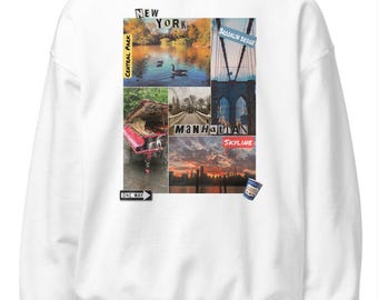 Sudadera de cuello redondo con collage de fotos de Nueva York - Gráfico del puente de Brooklyn y Central Park - Bewitched Cuties
