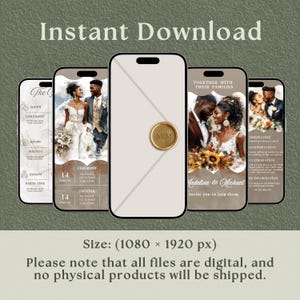 May include: A digital wedding invitation displayed on five smartphones. The design features a couple in wedding attire, event details, and a gold seal. Text includes "Instant Download" and "Madeline & Michael invite you to join them."