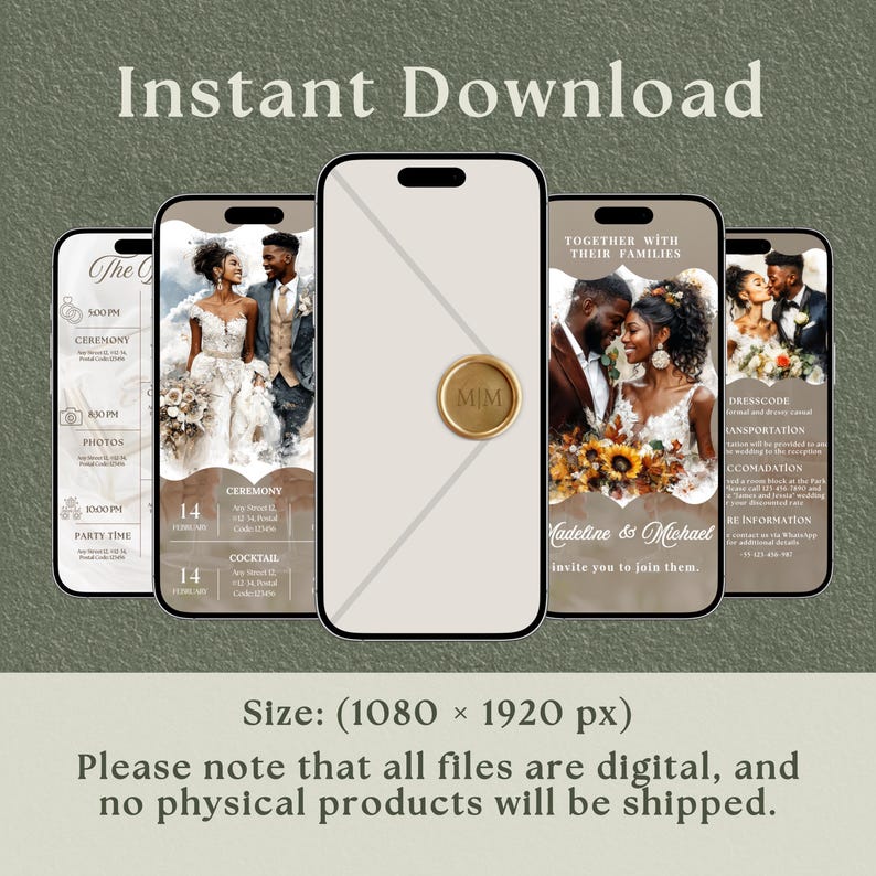 May include: A digital wedding invitation displayed on five smartphones. The design features a couple in wedding attire, event details, and a gold seal. Text includes "Instant Download" and "Madeline & Michael invite you to join them."