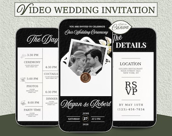 Animierte Hochzeitseinladung Video, elegante schwarze Canva Vorlage (Digitaler Download)