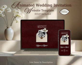 Web Wedding Canva Template, Animated Invitation, Easy RSVP, Customizable, Digital Download, Elegant Burgundy