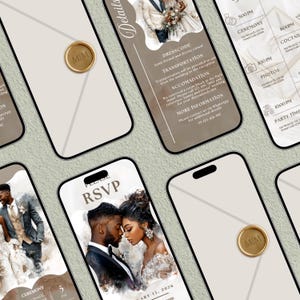 May include: A collection of smartphones displaying wedding invitation designs. The designs feature images of a couple, event details, and RSVP information. Gold wax seals with the initials "M/M" are also visible.