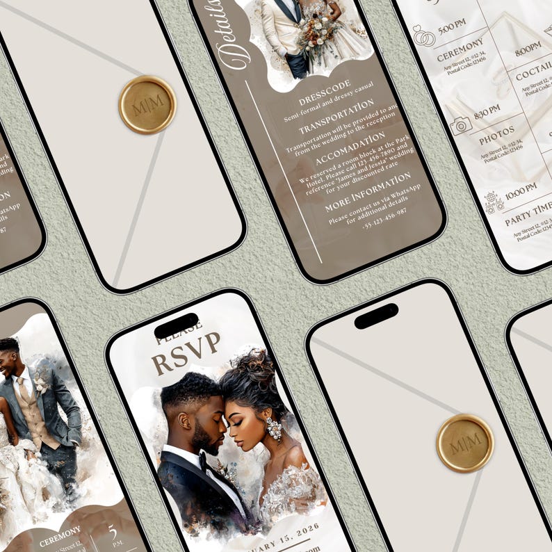 May include: A collection of smartphones displaying wedding invitation designs. The designs feature images of a couple, event details, and RSVP information. Gold wax seals with the initials "M/M" are also visible.