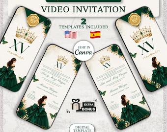 Emerald Green Quinceañera Video Invitation Canva Template (Digital Download)