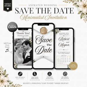 May include: A digital wedding invitation displayed on three smartphones. The design features the text "Save the Date" and "Minimalist Invitation". The invitation includes a photo of a couple, the names Robert and Megan, and a calendar.