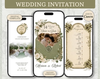 Sage Green Wedding Invitation Video, Floral Animated Invite, Elegant Gold Save the Date, Digital Wedding Invitation, Instant Download